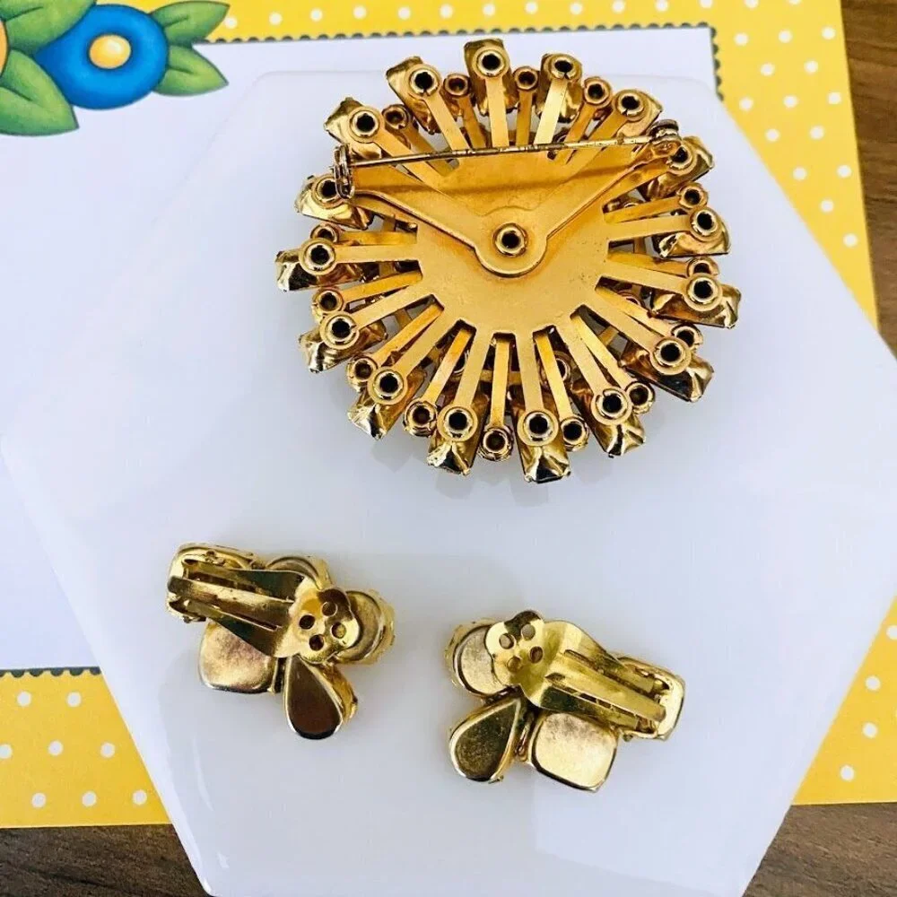 Vintage Amber & Brown Crystal Brooch & Matching Earrings Set